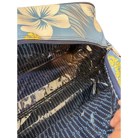 Vintage ROXY Blue White Floral Print Leather Rolling Duffle Bag - Picture 5 of 12